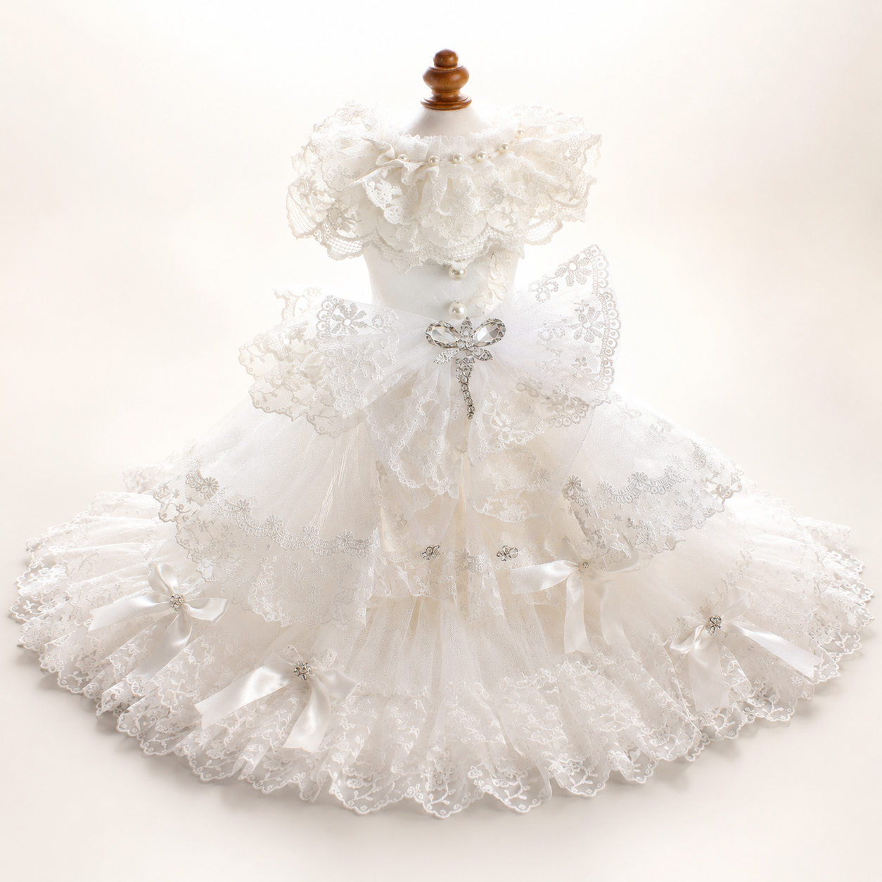 Luxury Victorian lace dog wedding dress with pearl collar and crystal bow