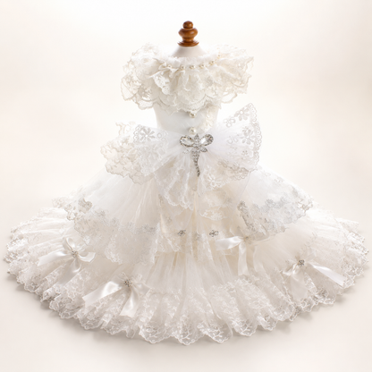 Luxury Victorian lace dog wedding dress with pearl collar and crystal bow