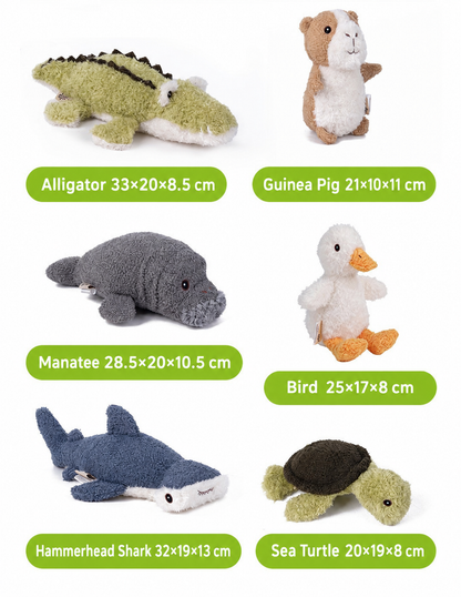 Sea animal plush pet toy size comparison with alligator manatee shark and turtle styles