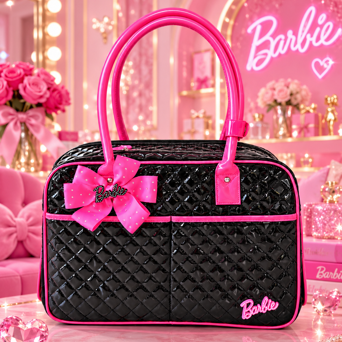 Black and Pink Quilted Pet Carrier Bag