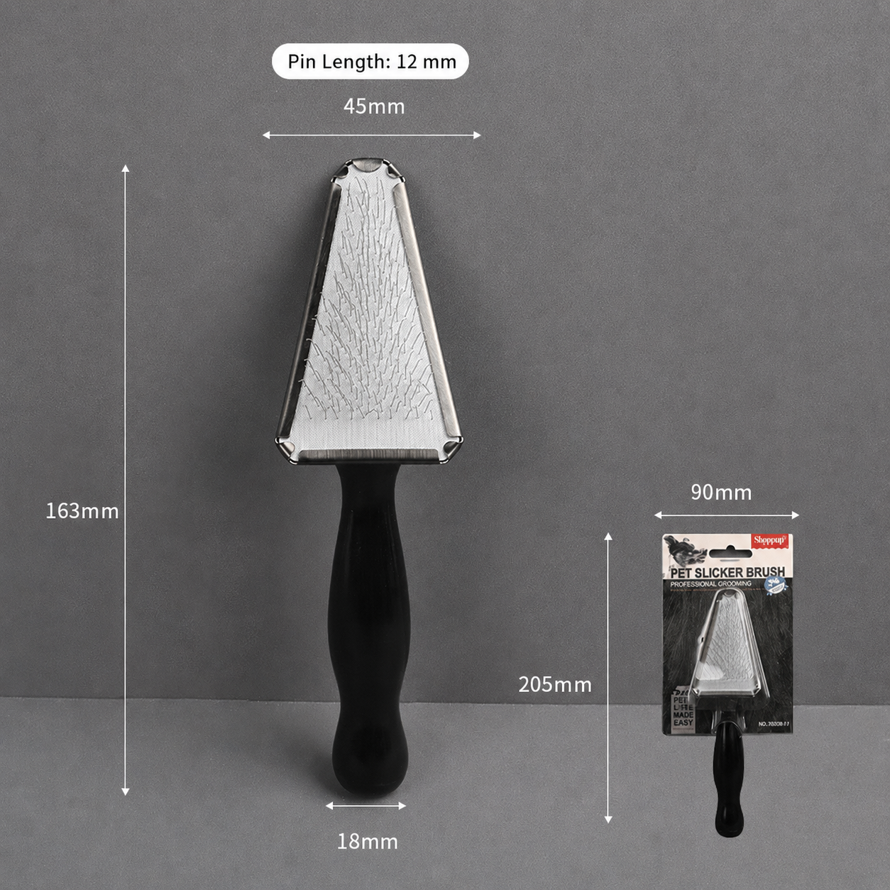 Triangle black pet slicker brush size chart with 45 mm head width and 12 mm pin length
