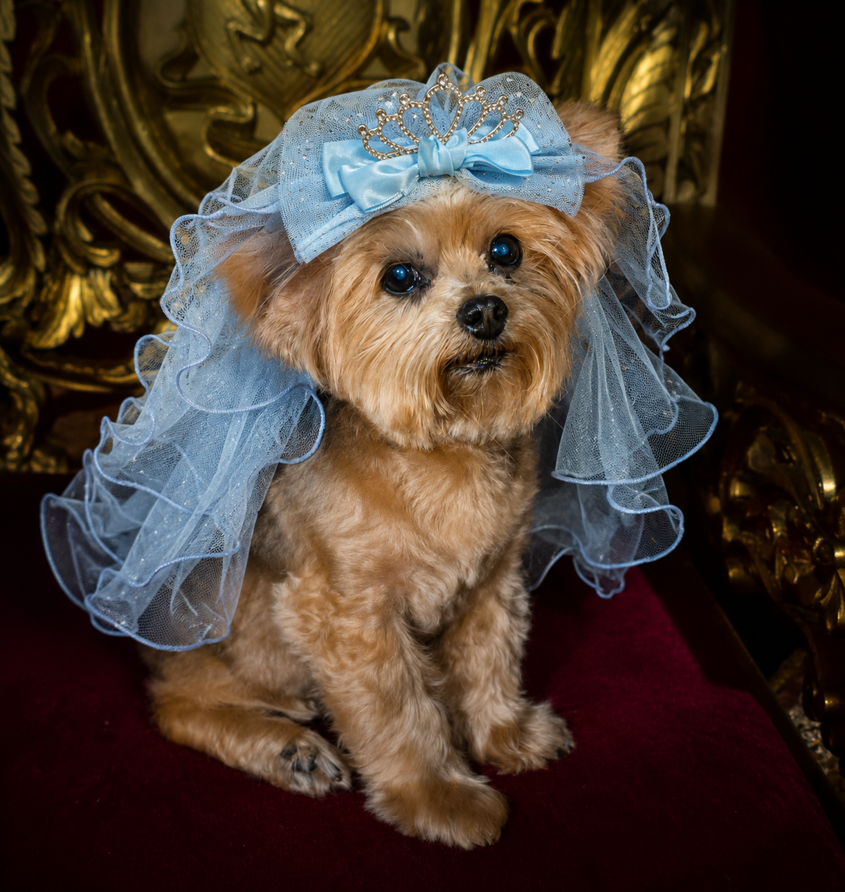 Small dog wearing blue tulle pet veil headpiece with tiara accent and layered ruffles