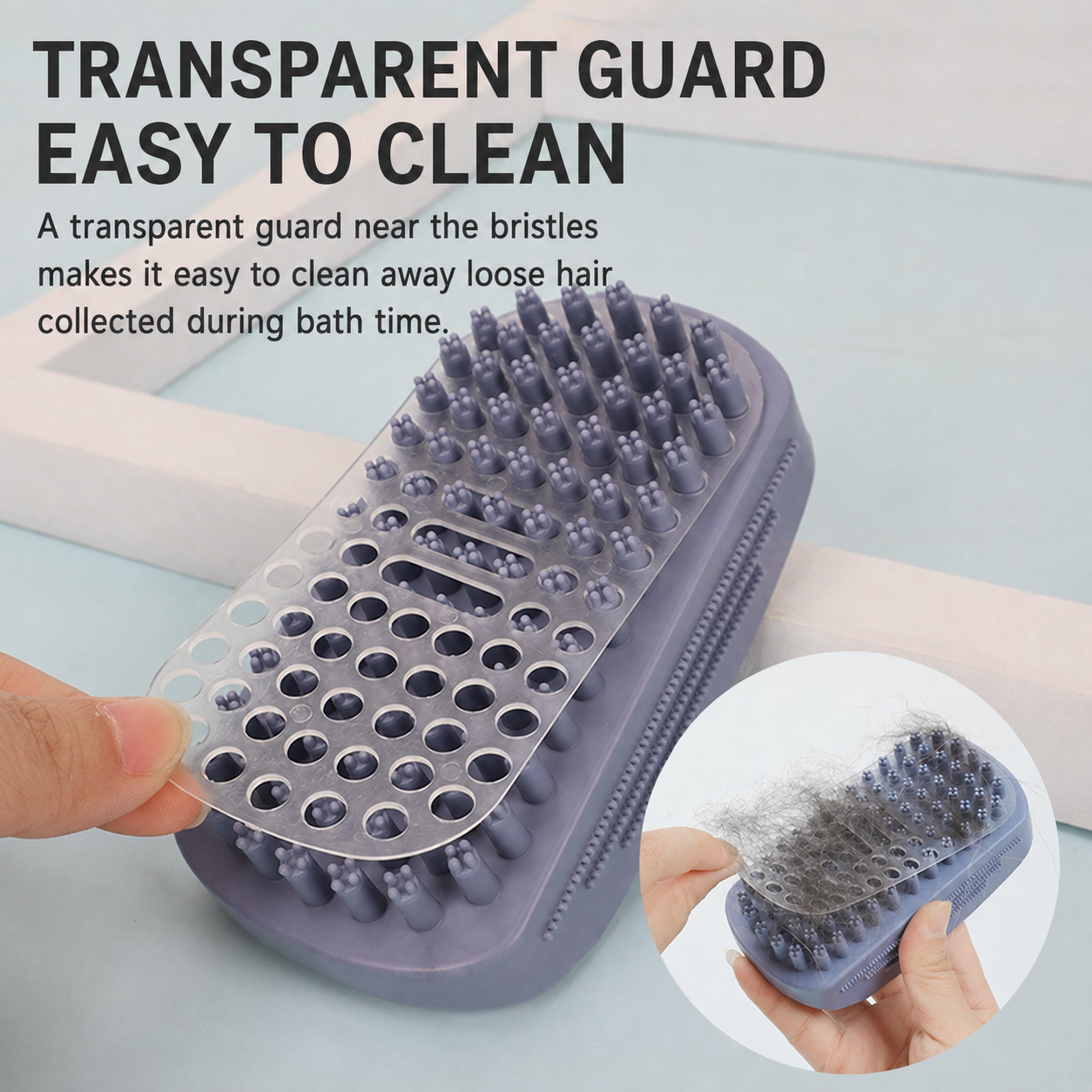 Pet bath massage brush with transparent guard for collected loose hair