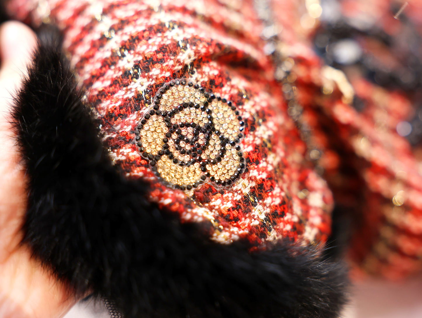 Pet Dress Classic Red Tweed  with Faux Fur Hem & Sequin Detail - Party Outfit