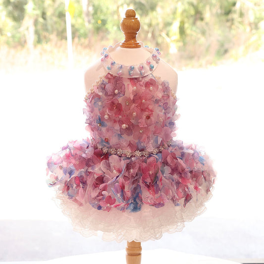 Pastel Floral Pet Dress with Pearl Collar & Lace Tutu - Party Outfit