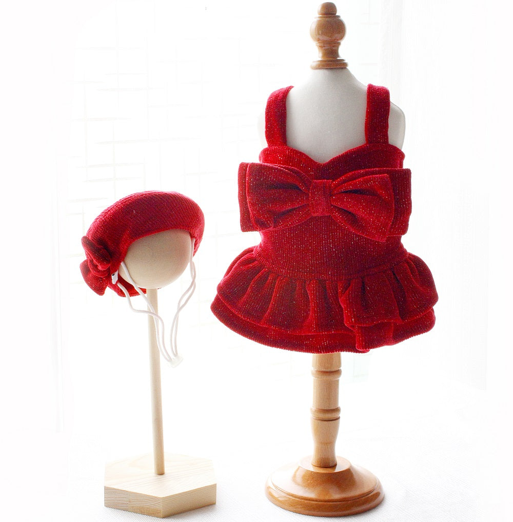 Red Dog Dress with Matching Hat Elegant Holiday Outfit for Small Pets