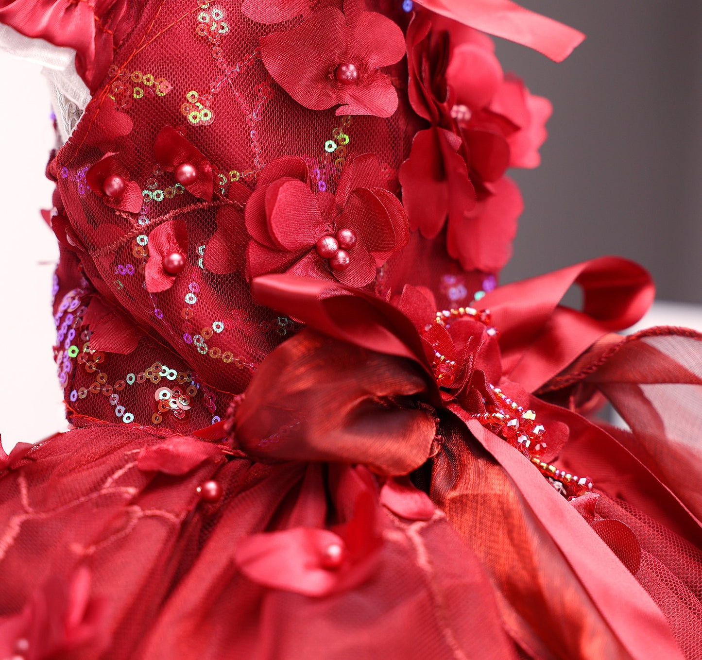 Burgundy Wine Red Dog Bridal Dress with Satin Ribbon Bow and Floral Applique Details