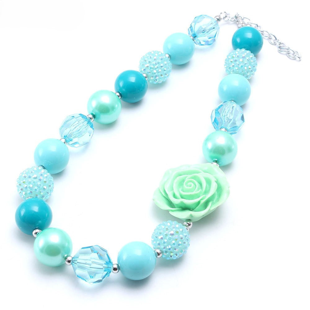 Aqua and mint beaded dog necklace with rose centerpiece and extender chain