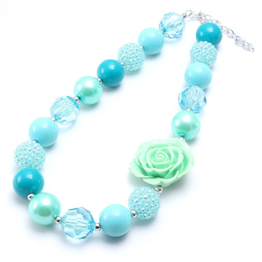 Aqua and mint beaded dog necklace with rose centerpiece and extender chain