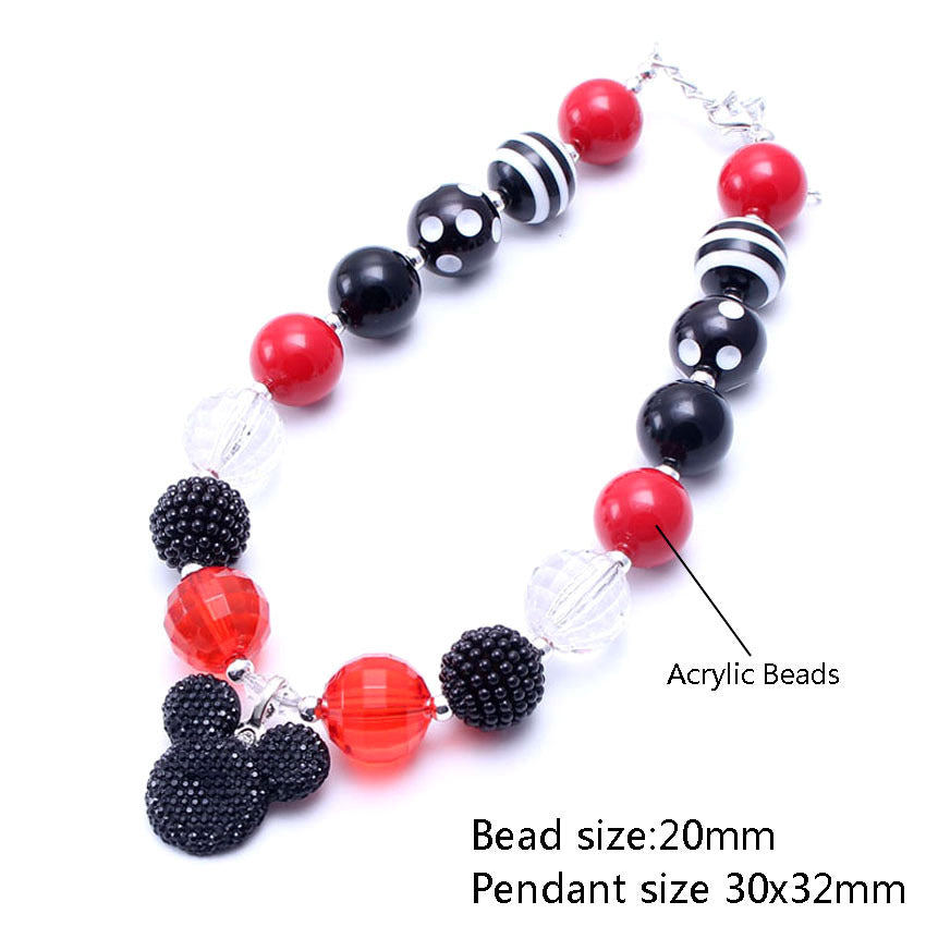 Red black and white acrylic bead dog necklace with mouse silhouette pendant and size labels