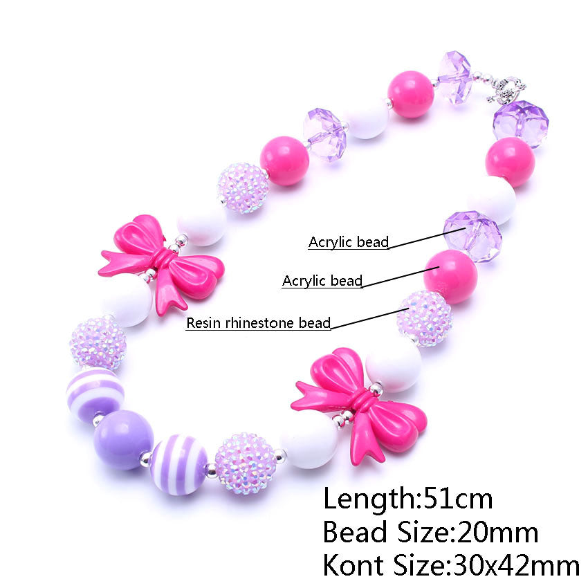 Pink purple beaded dog necklace measurement image showing acrylic beads and bow size