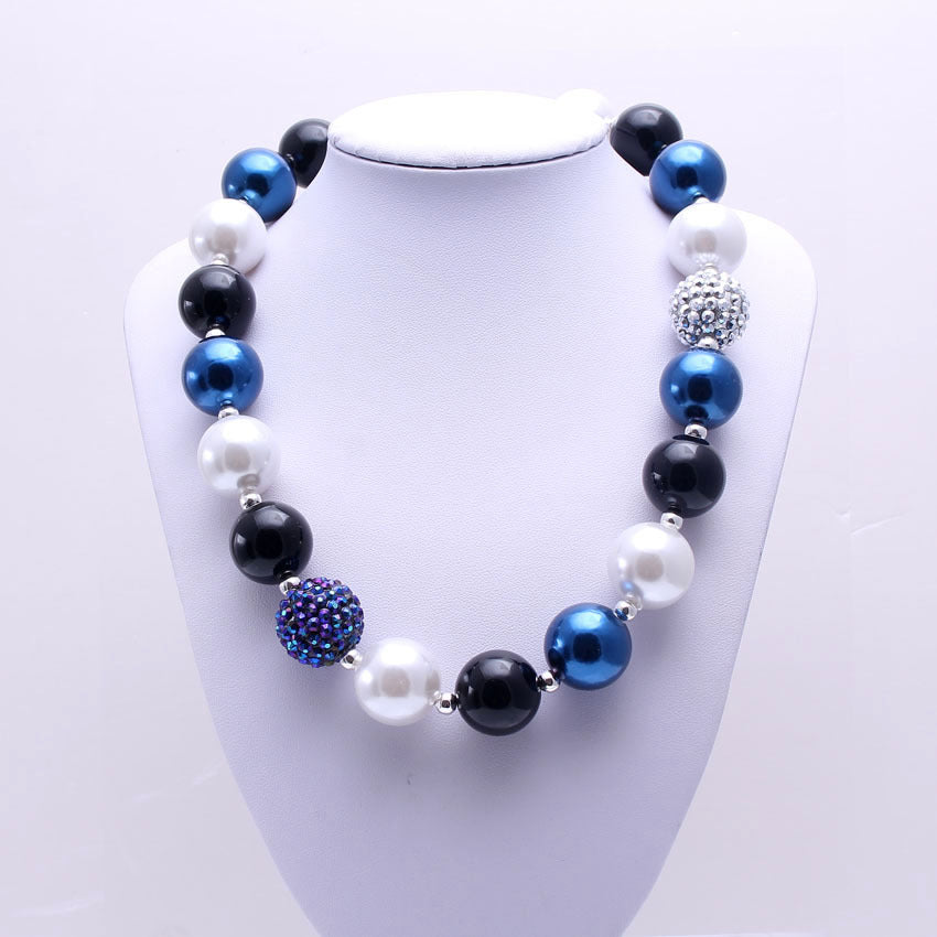 Front view of blue black white 20mm bead dog necklace in size Large