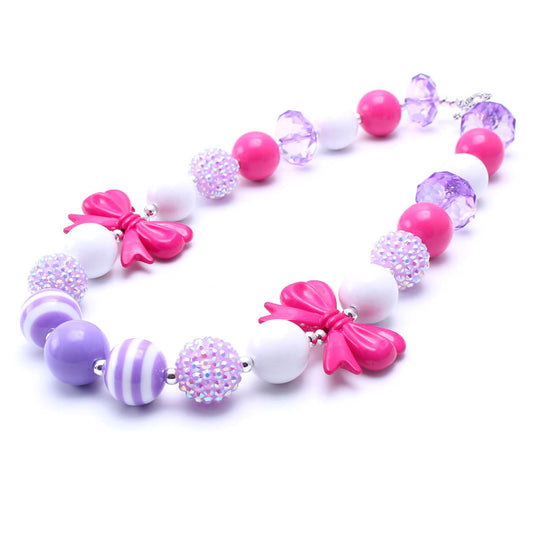 Pink purple and white acrylic beaded dog necklace with two bow accents