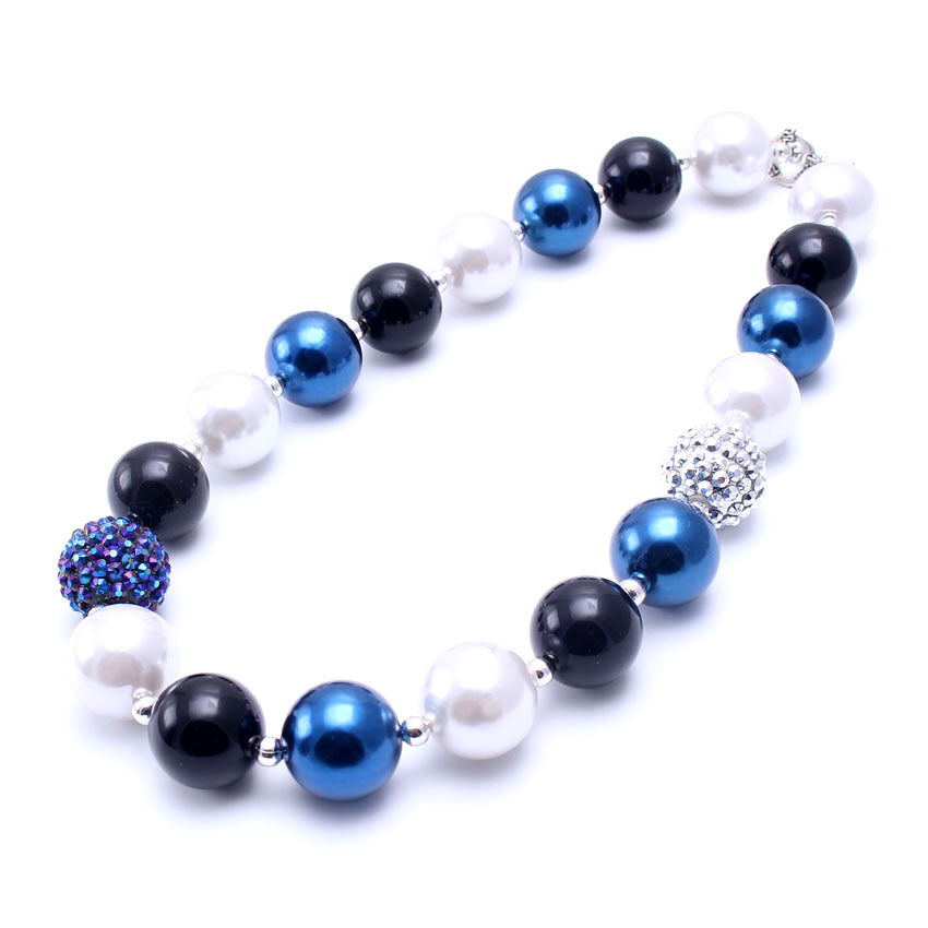 Blue black and white acrylic beaded dog necklace with rhinestone-look accents