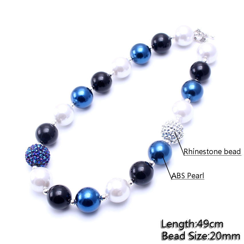 Blue black white pet necklace material and size image showing 49 cm length and 20 mm beads