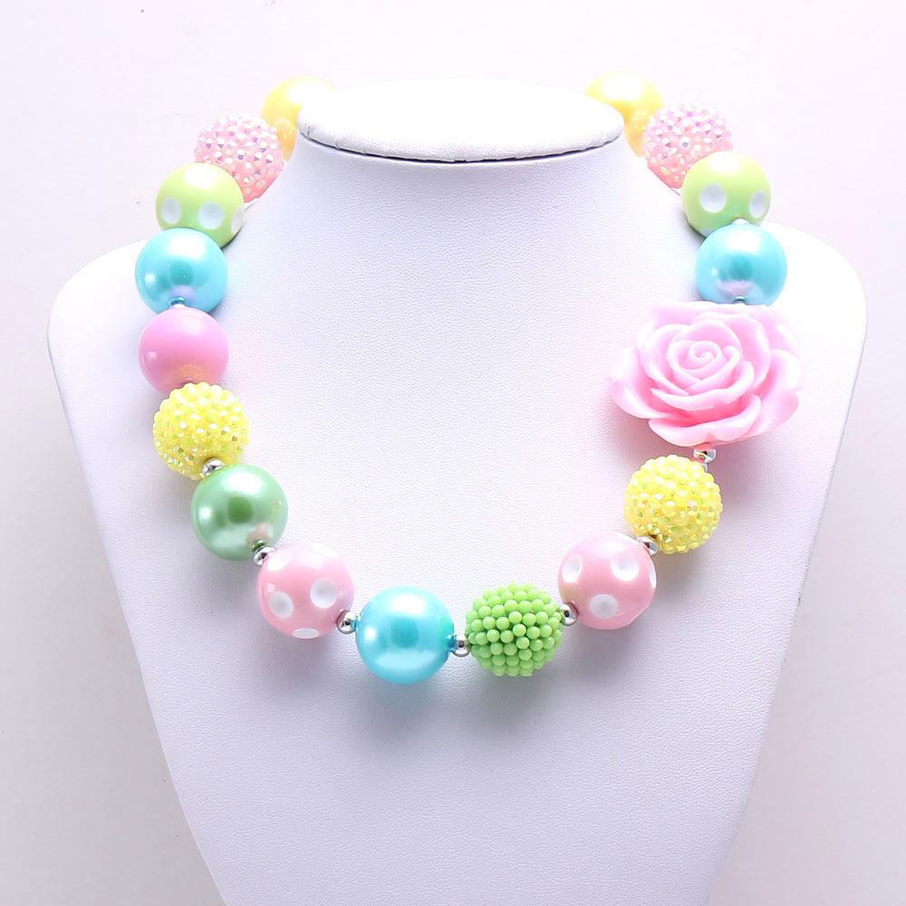 Pastel pink blue green and yellow beaded pet necklace with pink rose accent