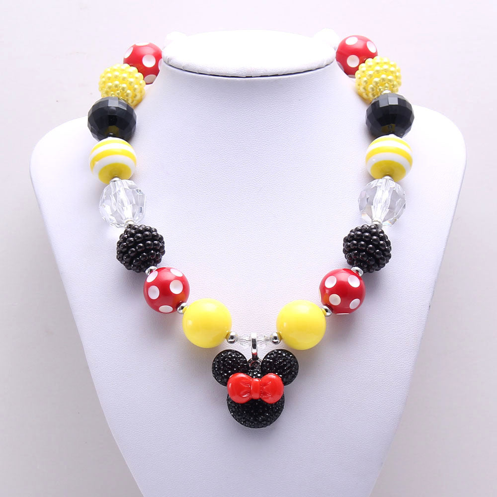 Front view of Red Yellow Black chunky beaded pet necklace on white bust