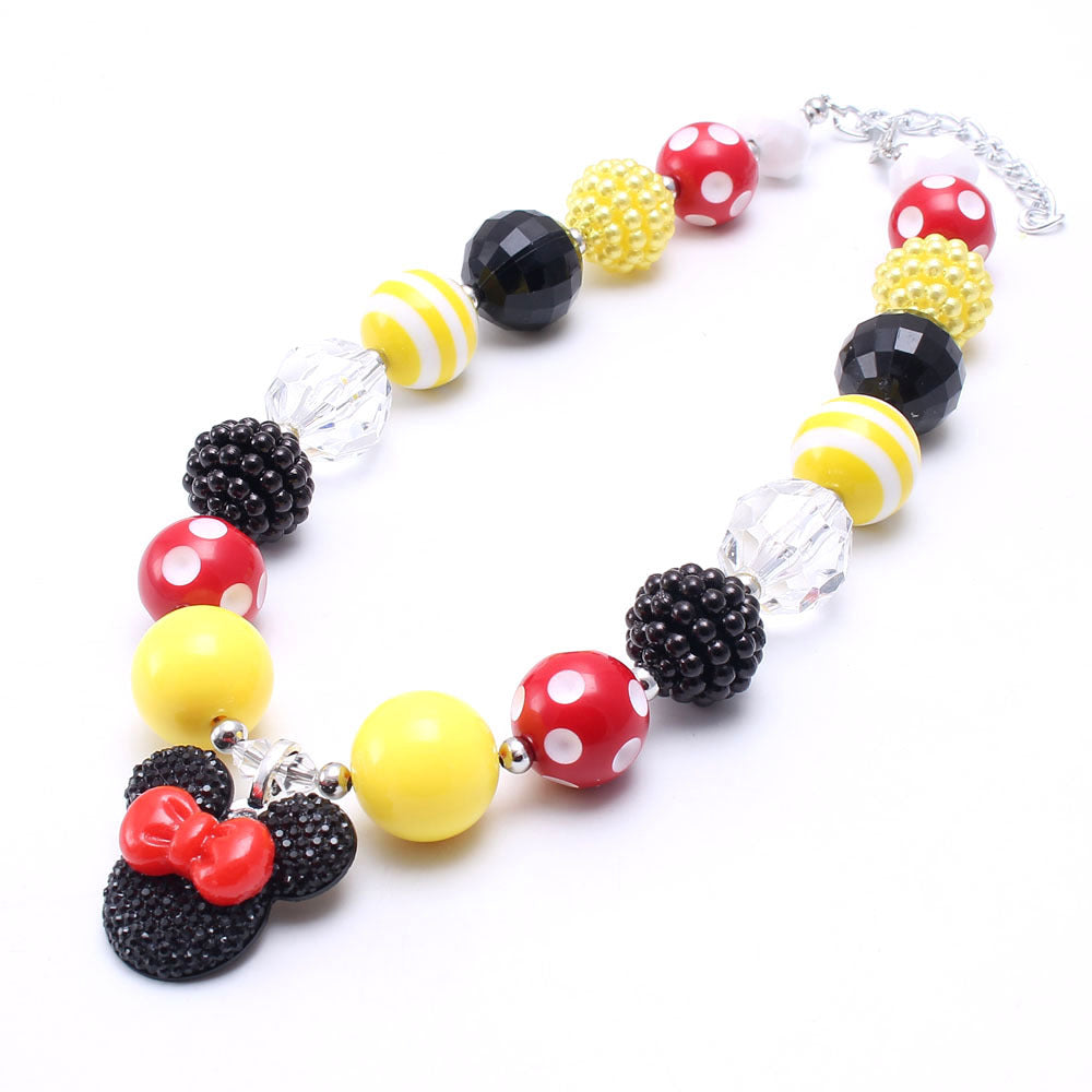 Red Yellow Black chunky bead pet necklace with bow-wearing mouse-shaped pendant