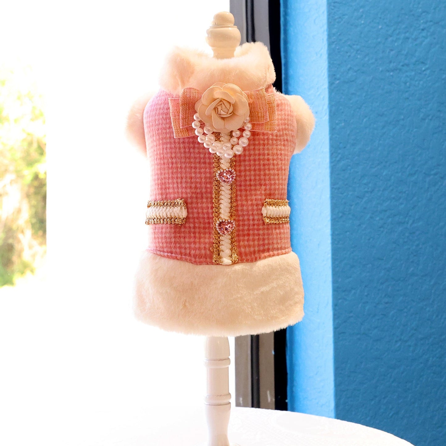Pink Tweed Pearl Dog Coat Vest with Faux Fur Trim