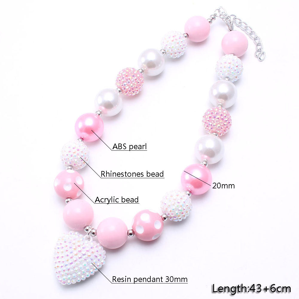 Pink White heart pet necklace material detail with acrylic and pearl-look beads