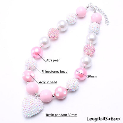 Pink White heart pet necklace material detail with acrylic and pearl-look beads