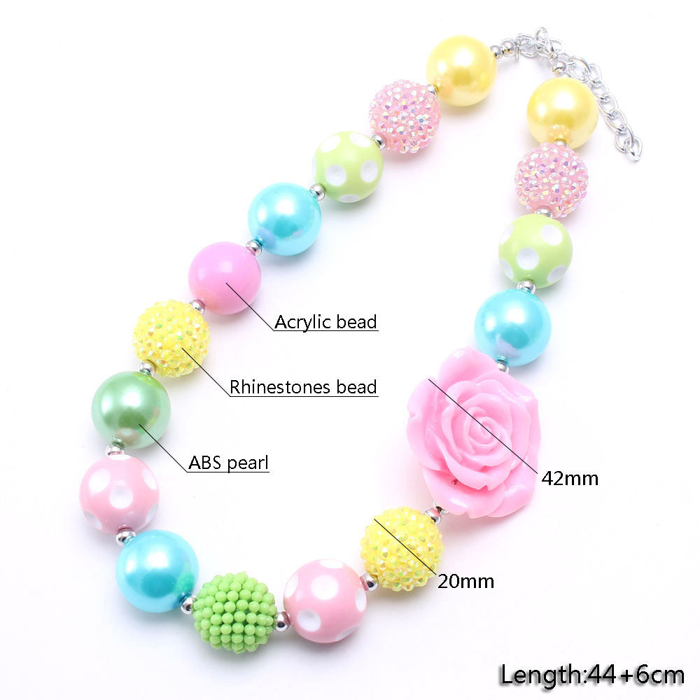 Pastel rose pet necklace measurement image showing 20 mm beads and 42 mm flower