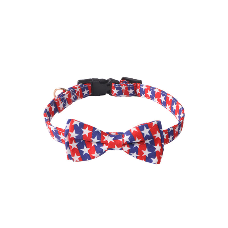 Red white and blue star print pet collar with matching bow tie and black buckle