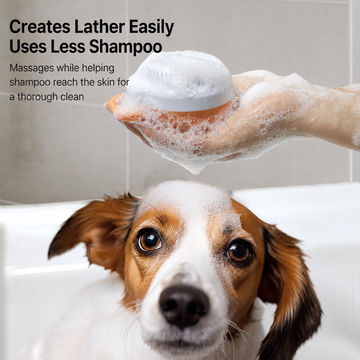 Pet shampoo bath brush creating lather during dog bath