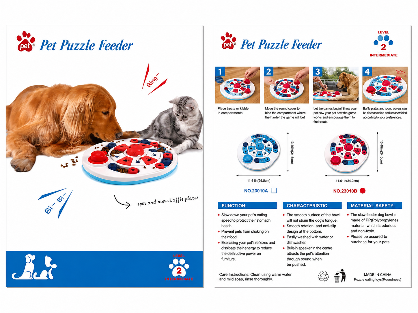 Pet puzzle feeder packaging showing level 2 round feeder instructions for cats and dogs