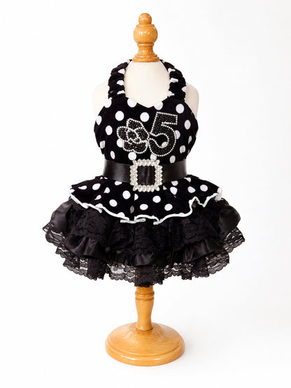 Velvet Black Polka Dot Lace Pet Dress with Matching Bonnet boutique pet outfit detail photo 2