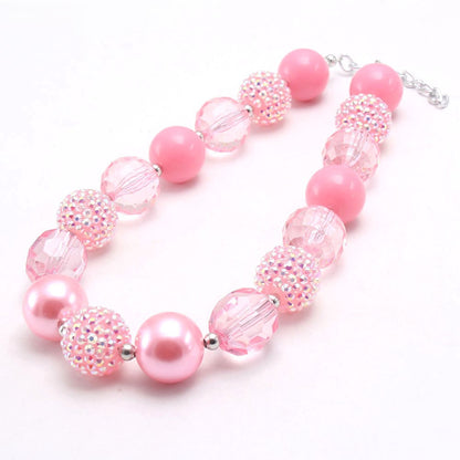 Pink acrylic bead pet necklace with glossy faceted and iridescent textured beads