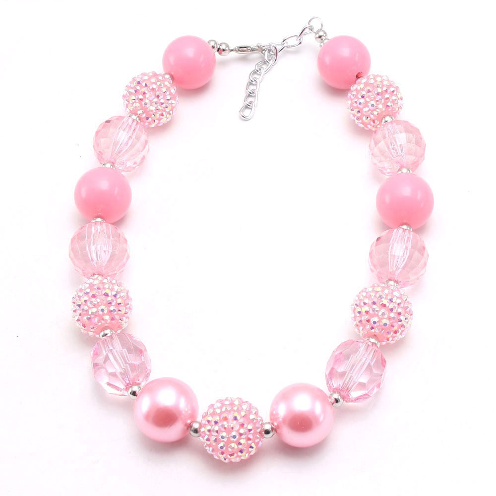 Front view of pink beaded dog necklace with silver-tone clasp and extender chain