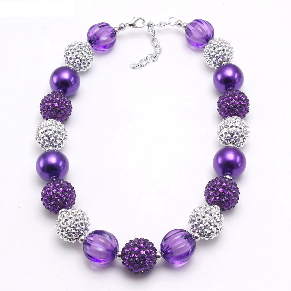 Front view of purple silver beaded pet necklace with clasp and extender chain