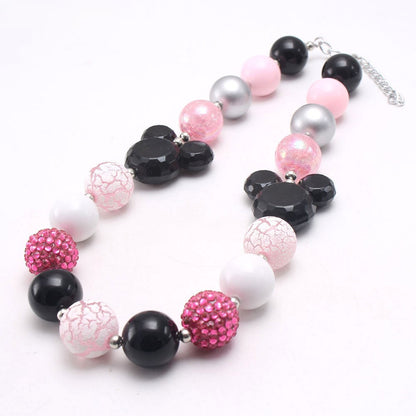 Black pink silver beaded dog necklace with white crackle-look and sparkle beads