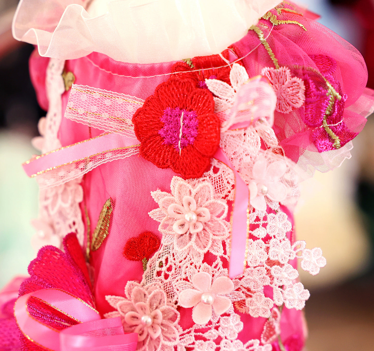 Handmade 3D Floral Embroidered Pet Gown – Hot-Pink Princess Train Dress