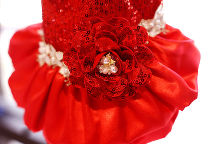Handmade Luxury Red Sequin Dog Dress – Elegant Pet Party Dress with Pearl Lace