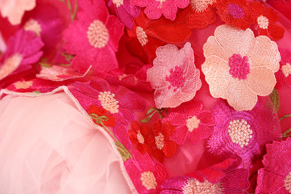 Handmade 3D Floral Embroidered Pet Gown – Hot-Pink Princess Train Dress