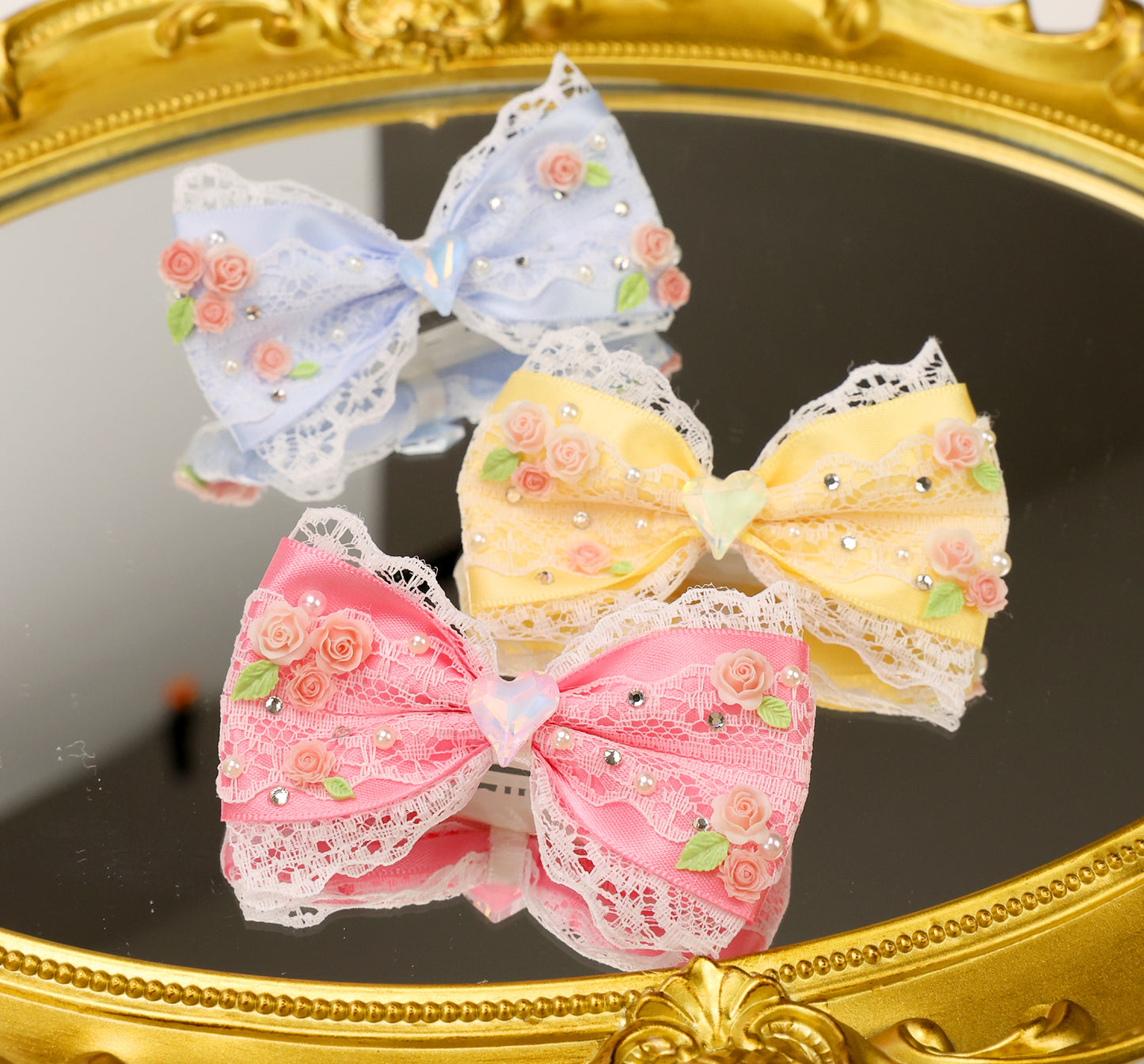 Pet Accessories Lace Floral Bow Hair Clip with Heart Crystal headwear