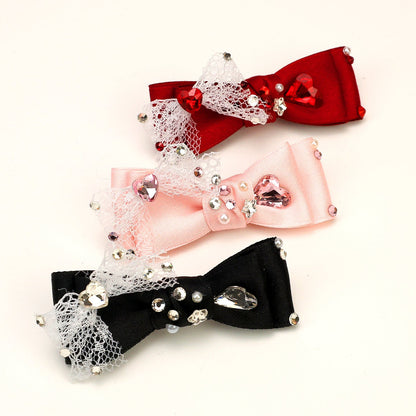 Pet Accessories Lace Bow Hair Clip with Heart Rhinestones headwear