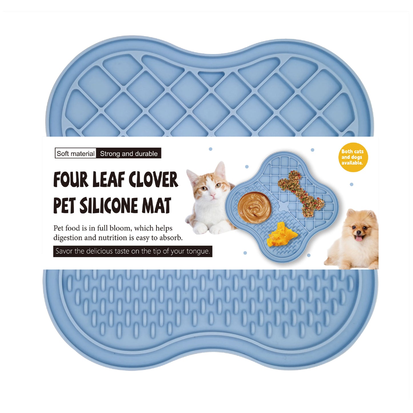Blue four leaf clover pet silicone mat with cat and dog feeding graphic