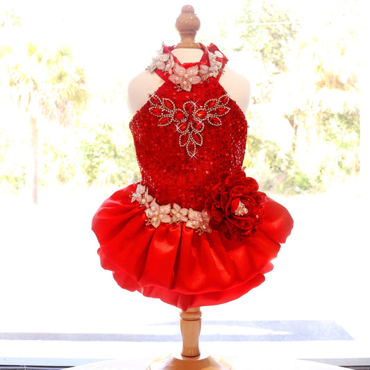 Handmade Luxury Red Sequin Dog Dress – Elegant Pet Party Dress with Pearl Lace