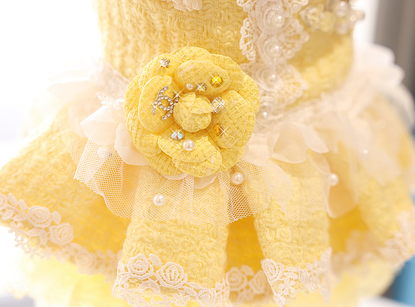 Pet Dress Yellow Tweed Pearls Collar with Lace Tutu - Boutique Party Outfit