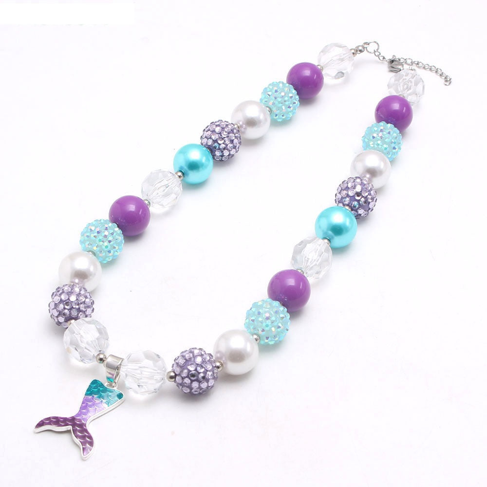 Purple aqua and white beaded dog necklace with mermaid tail charm and silver-tone chain