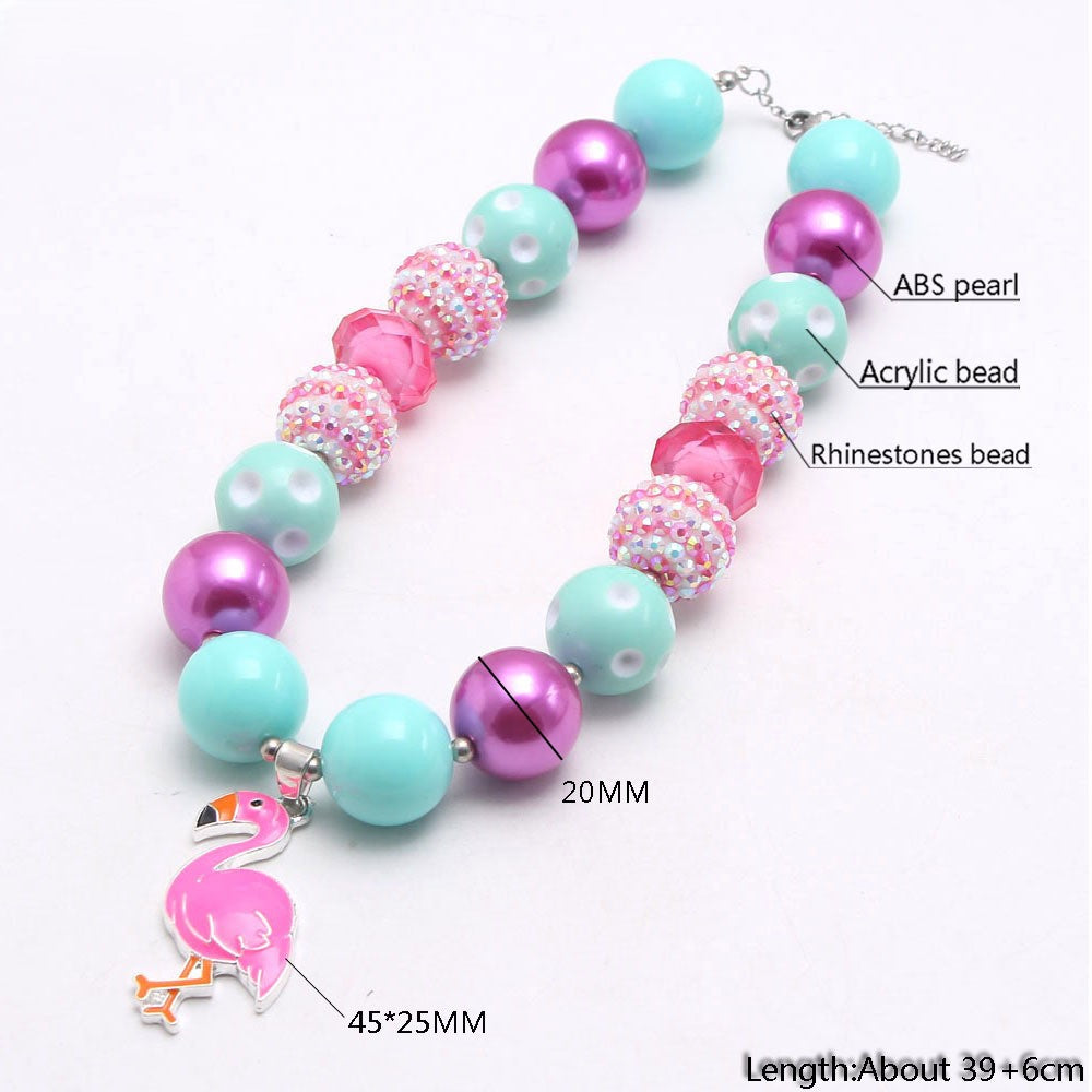 Mint pink flamingo acrylic beaded pet necklace measurement detail with 20 mm beads