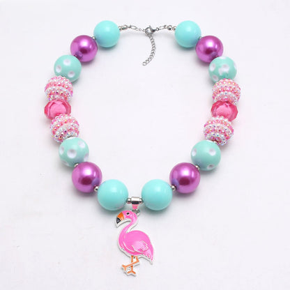 Front view of mint pink and purple beaded dog necklace with flamingo pendant