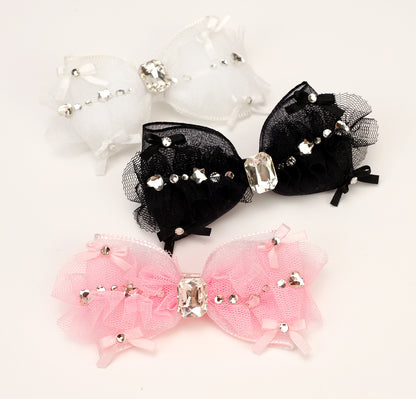 Pet Accessories Tulle Bow Hair Clip with Crystal Center Headwear