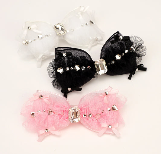 Pet Accessories Tulle Bow Hair Clip with Crystal Center Headwear