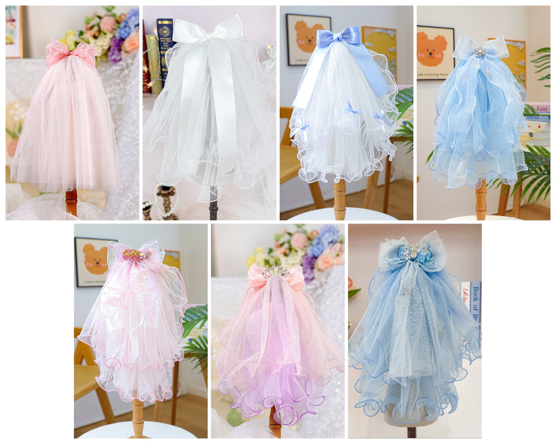 Assorted layered tulle pet veils in pink white and blue bow styles
