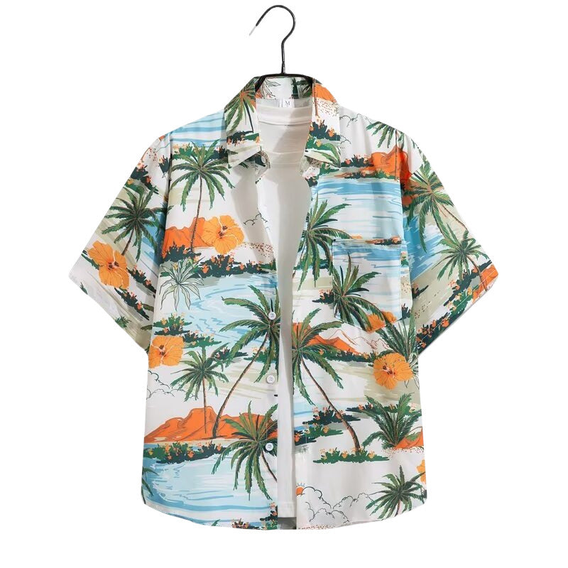 White tropical Hawaiian shirt with palm tree and orange flower print on hanger