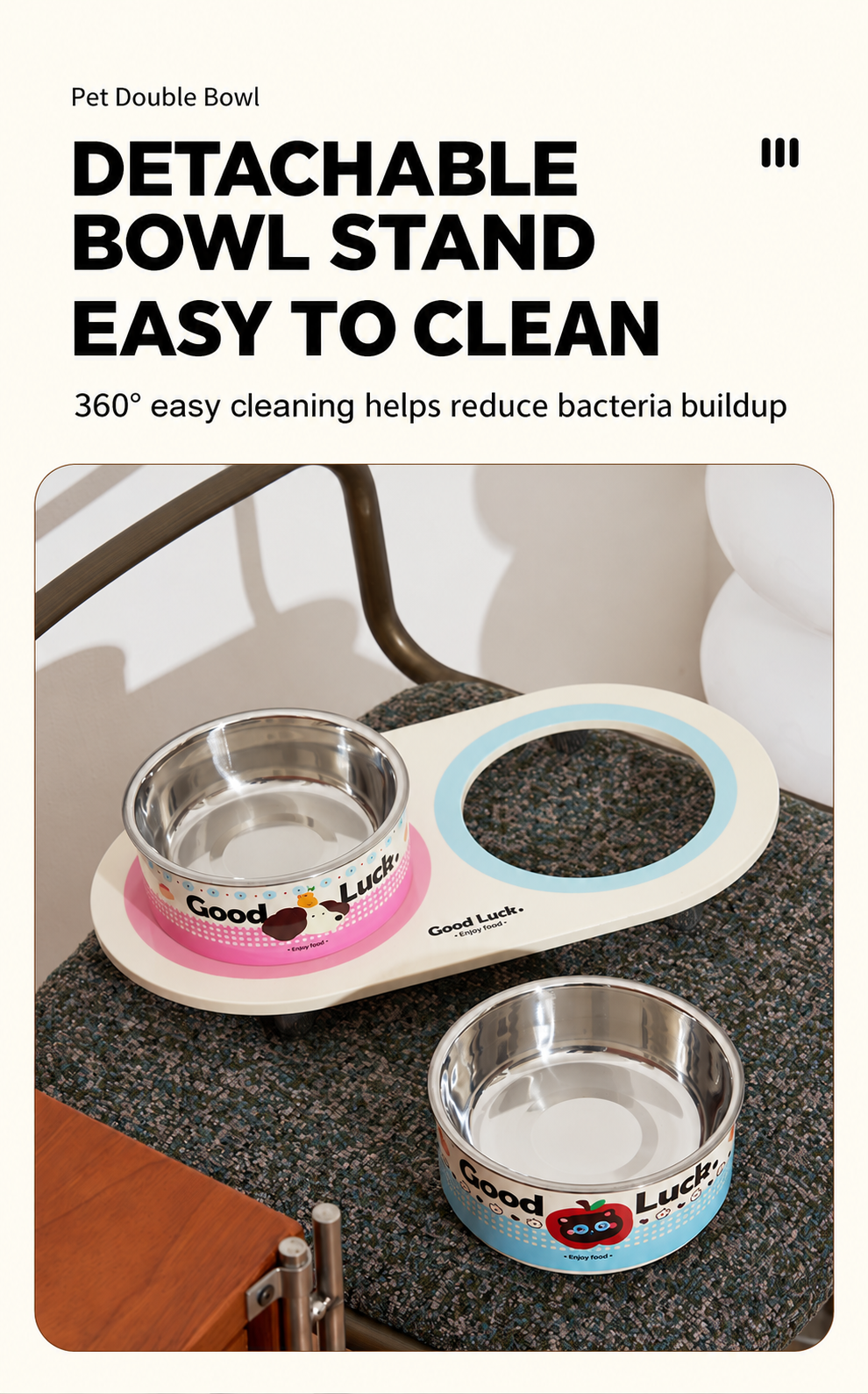 Good Luck elevated double pet bowl with one removable stainless steel insert